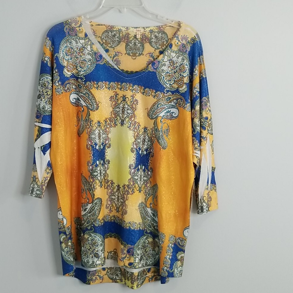 XL Reba Embellished Beaded Sparkle V-neck Shirt